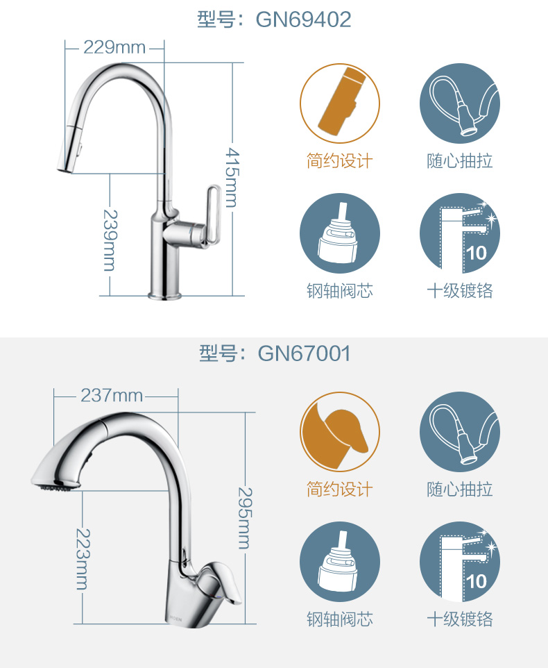 冷热水龙头抽拉式水槽龙头灵活可旋转厨房龙头铜艾斯单把手防指纹下拉