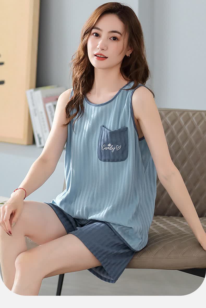 穿家居服无袖夏天青春简约条纹夏款女式休闲大码莫背心短裤a2441女3xl