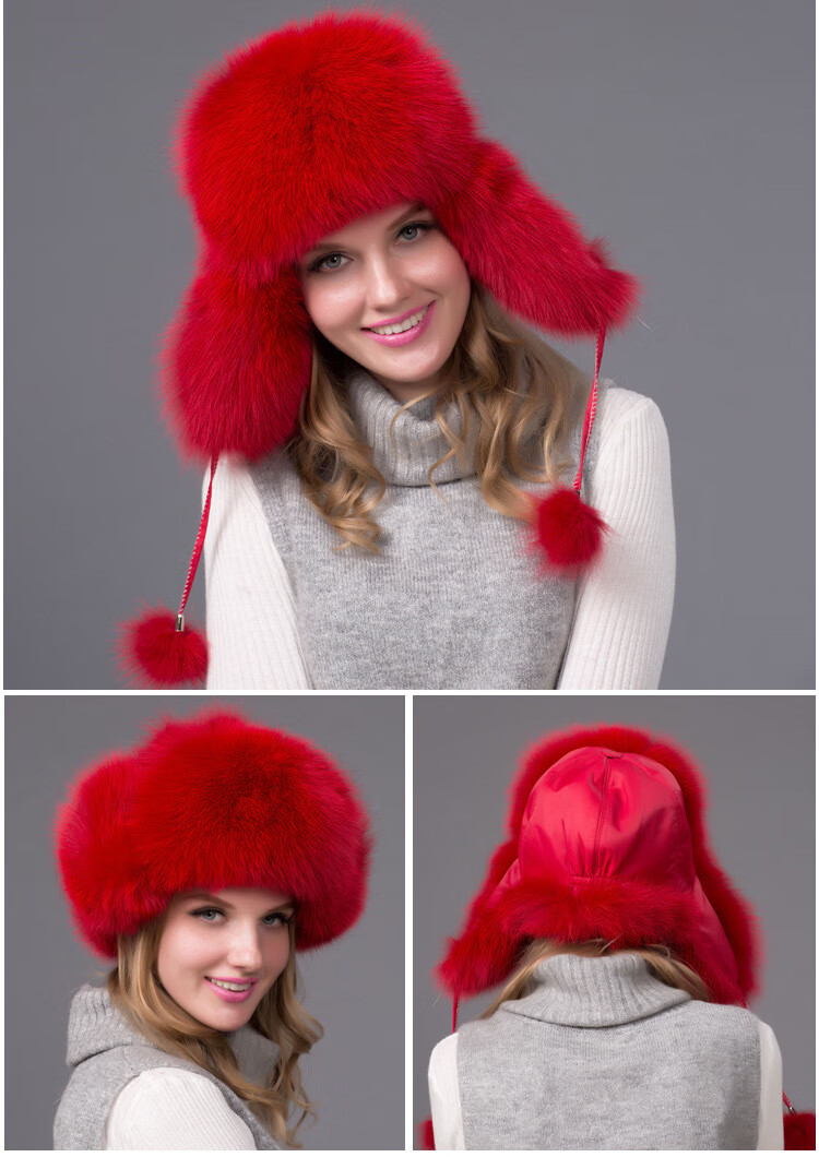 俄罗斯零下40度雪地防寒帽子真狐狸毛皮草雷锋帽女整皮貉子毛冬帽 深