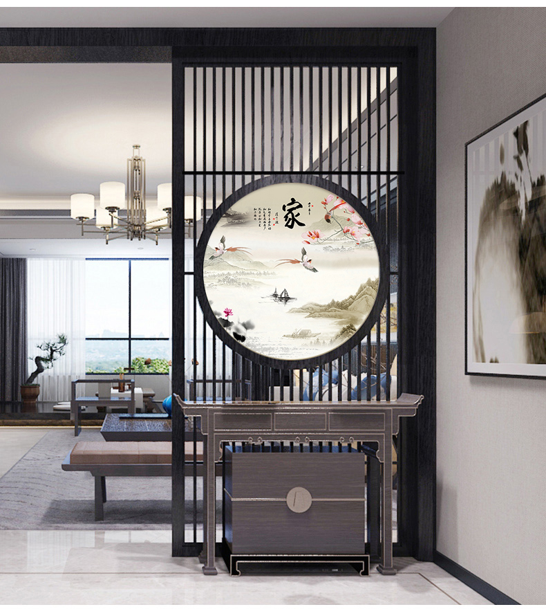 屏风画新中式屏风画定制双面圆形透明薄纱画玄关客厅隔断花格晶瓷装饰