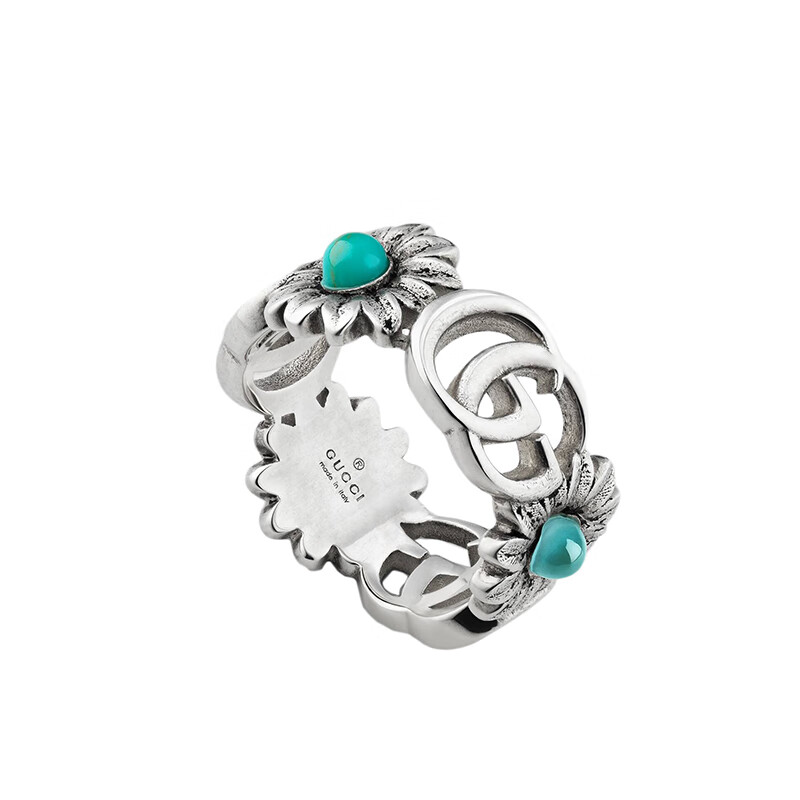 gucci古驰经典925纯银花朵镶嵌白色珍珠母贝绿松石蓝色托帕石双g复古