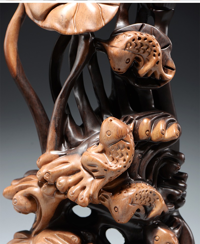 唐砖黑檀木雕刻年年有鱼根雕荷花摆件家居根雕装饰工艺品新婚乔迁礼 