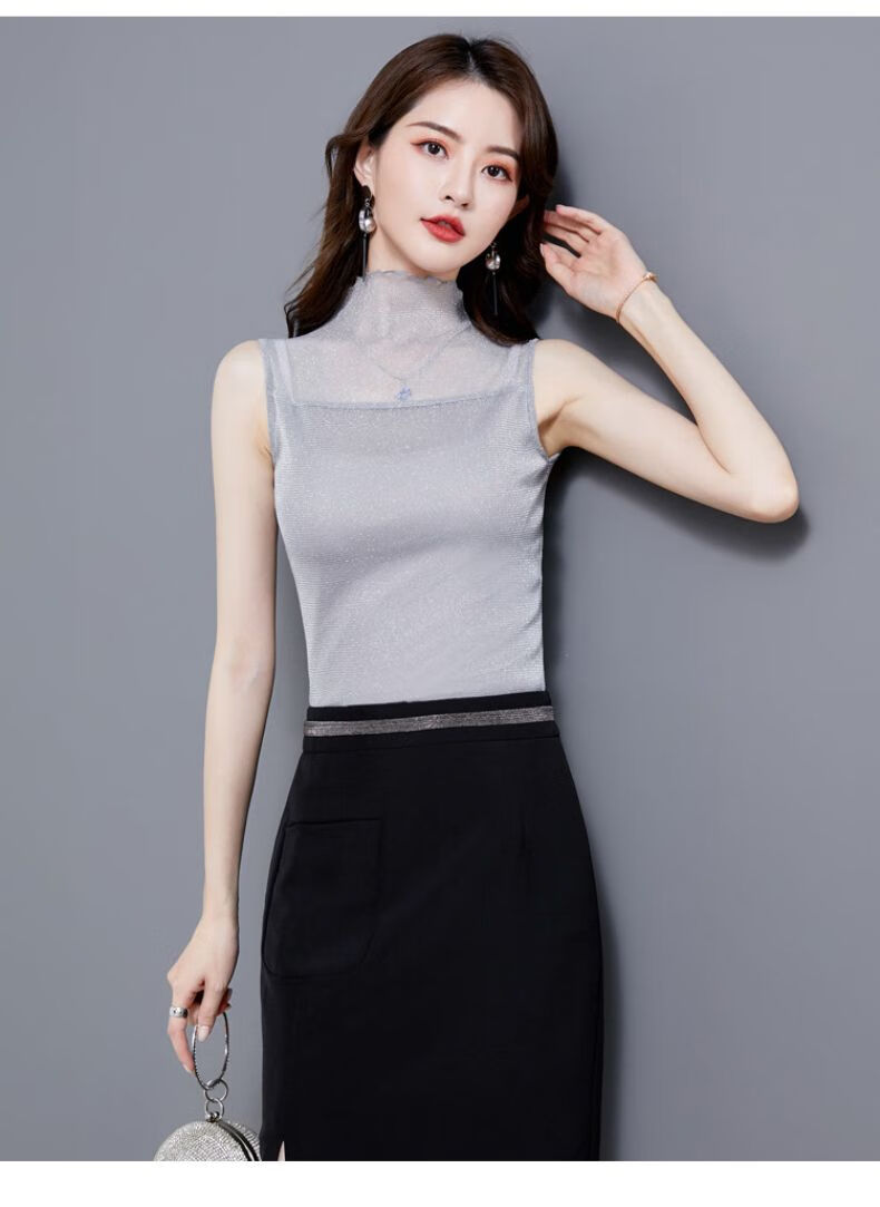 沙衣半高领网纱纱衣打底衫女沙沙衣藏青色m