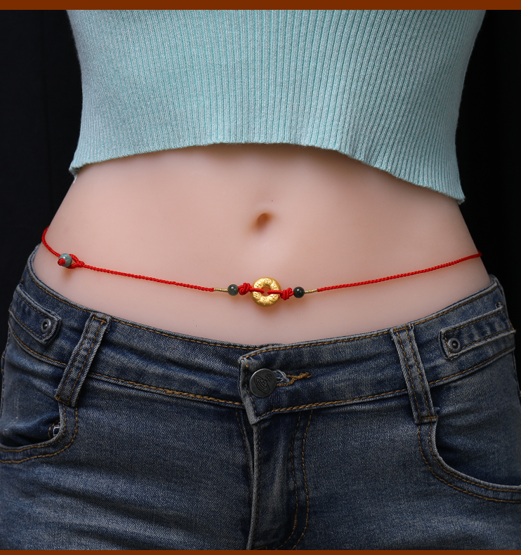 老凤凰生日礼物 黄金平安扣红绳腰链女足金编织腰绳3d硬足金六字真言