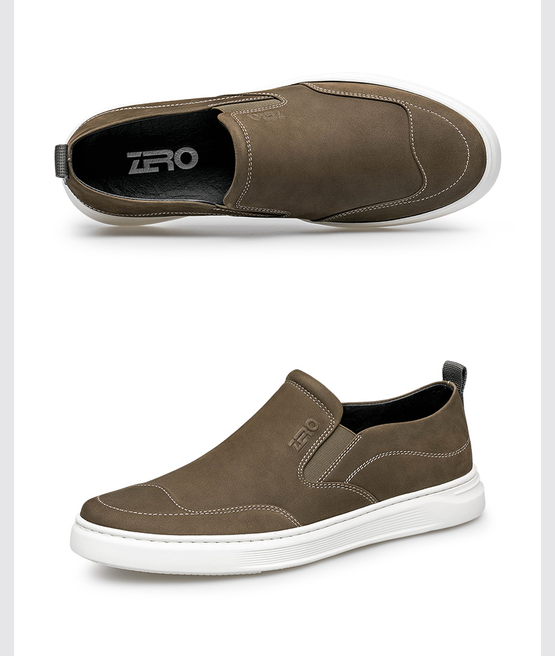 官方发售zero零度男鞋板鞋男真皮宽脚鞋子套脚男士商务休闲皮鞋男灰绿