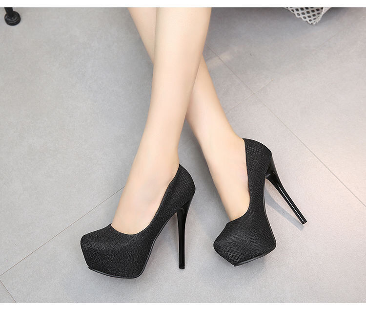 走秀高跟鞋14cm超高跟鞋12厘米浅口性感夜店女单鞋细跟防水台走秀圆头