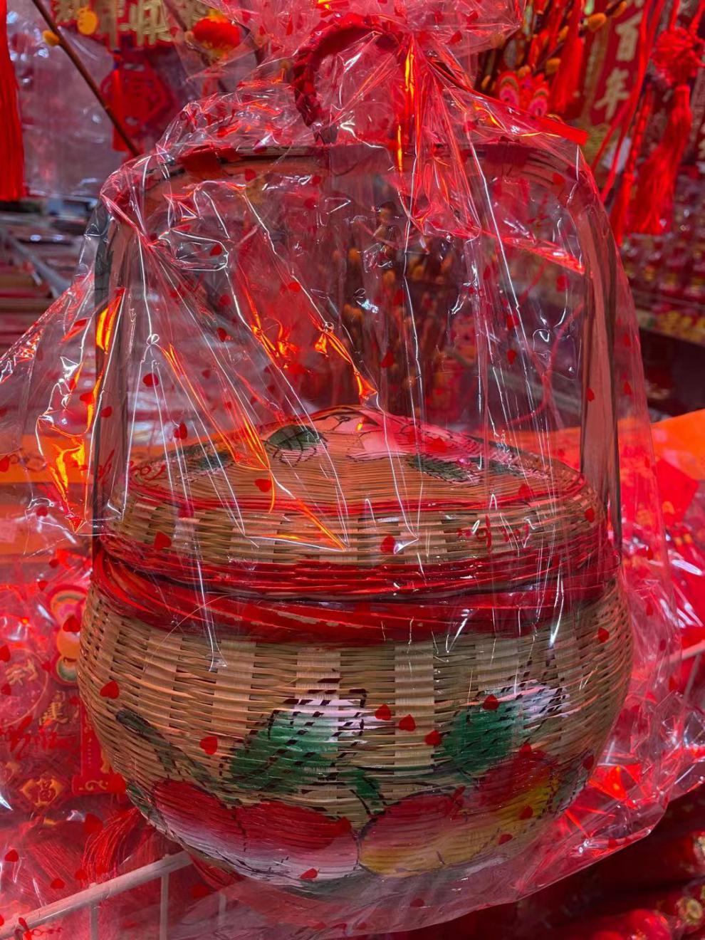 潮汕纯手工彩绘竹篮竹编篮子结收纳蓝储物篮婚嫁花篮传统竹艺摆件