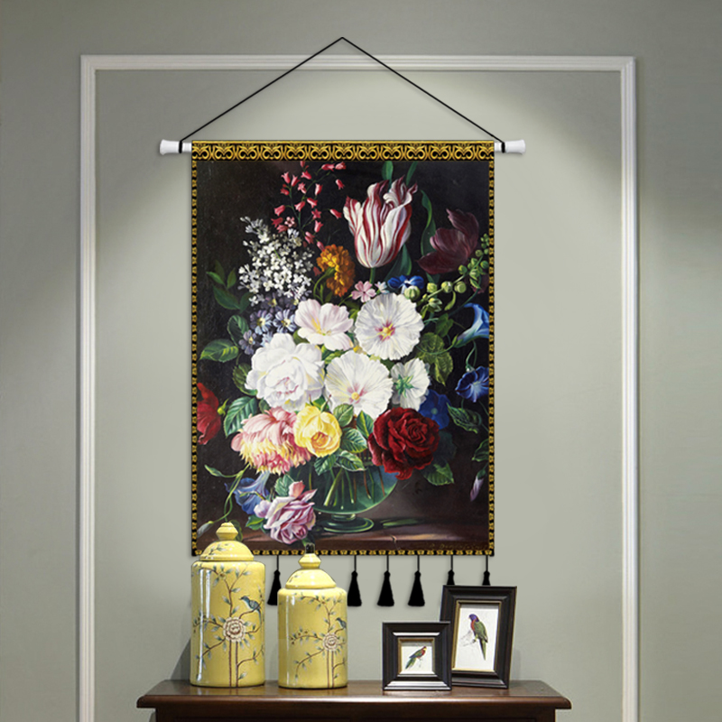 欧式油画花卉挂画布艺客厅背景墙卧室餐厅挂毯玄关挂布定制01宽50cm高