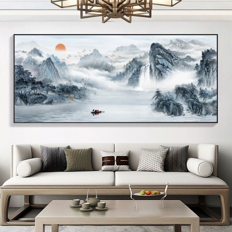 山水画客厅挂画办公室新中式山水画客厅沙发背景墙装饰画中国风水墨