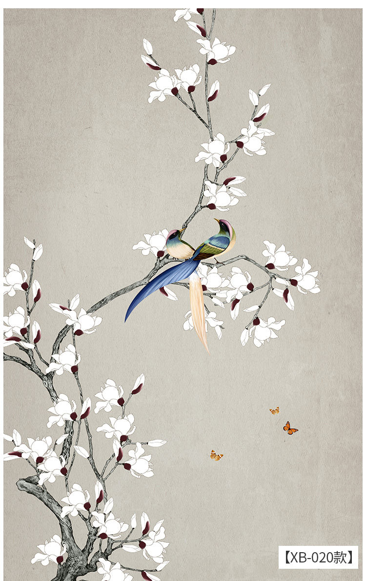 新中式简约花鸟墙纸壁画客厅玄关背景墙壁纸走廊过道竖版无缝墙布整张