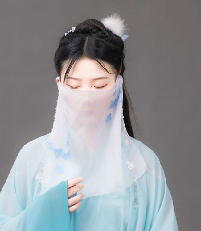 hnxc新品面纱古风挽秀古风印花面纱珠帘面帘脸遮飘逸半透汉服周边遮脸