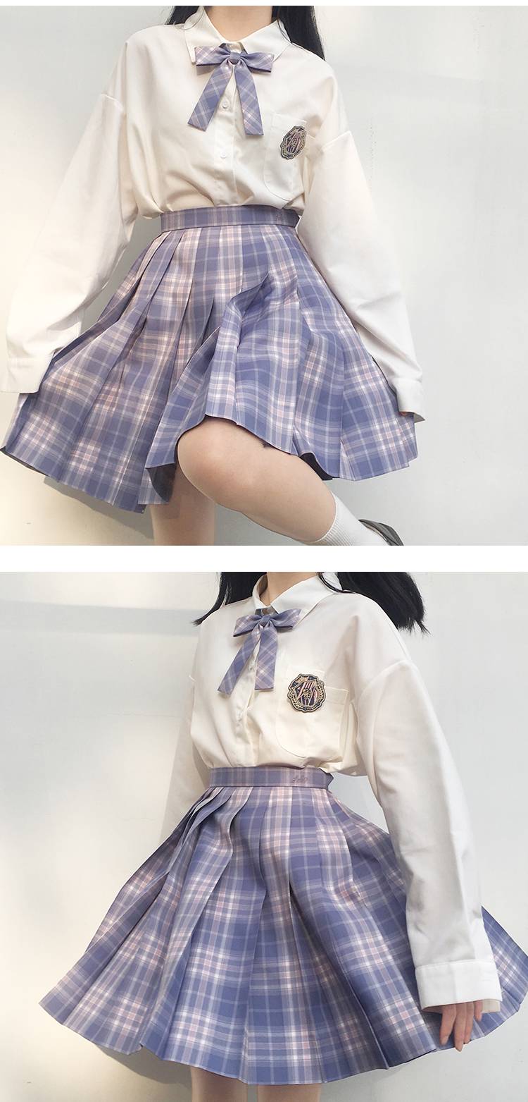 梗豆物语原创紫烟jk制服百褶裙淡紫色温柔格子裙a款紫烟格短裙l