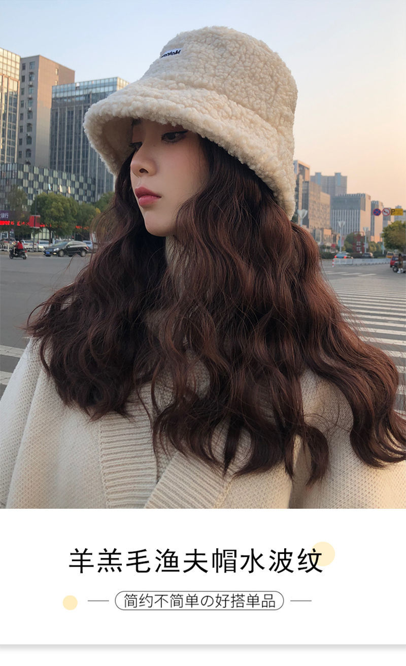 唐妮假发女长发帽子假发一体网红羊羔毛渔夫帽圆脸时尚全头套假发帽