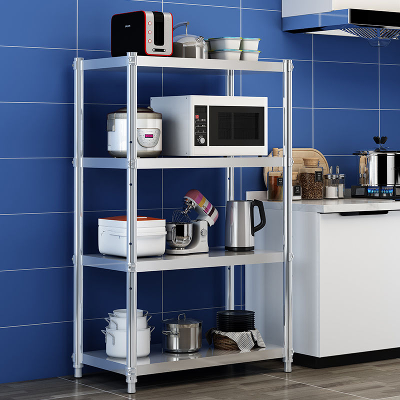 不锈钢置物架厨房落地收纳架微波炉储物多层家用货架碗柜四层锅架的的