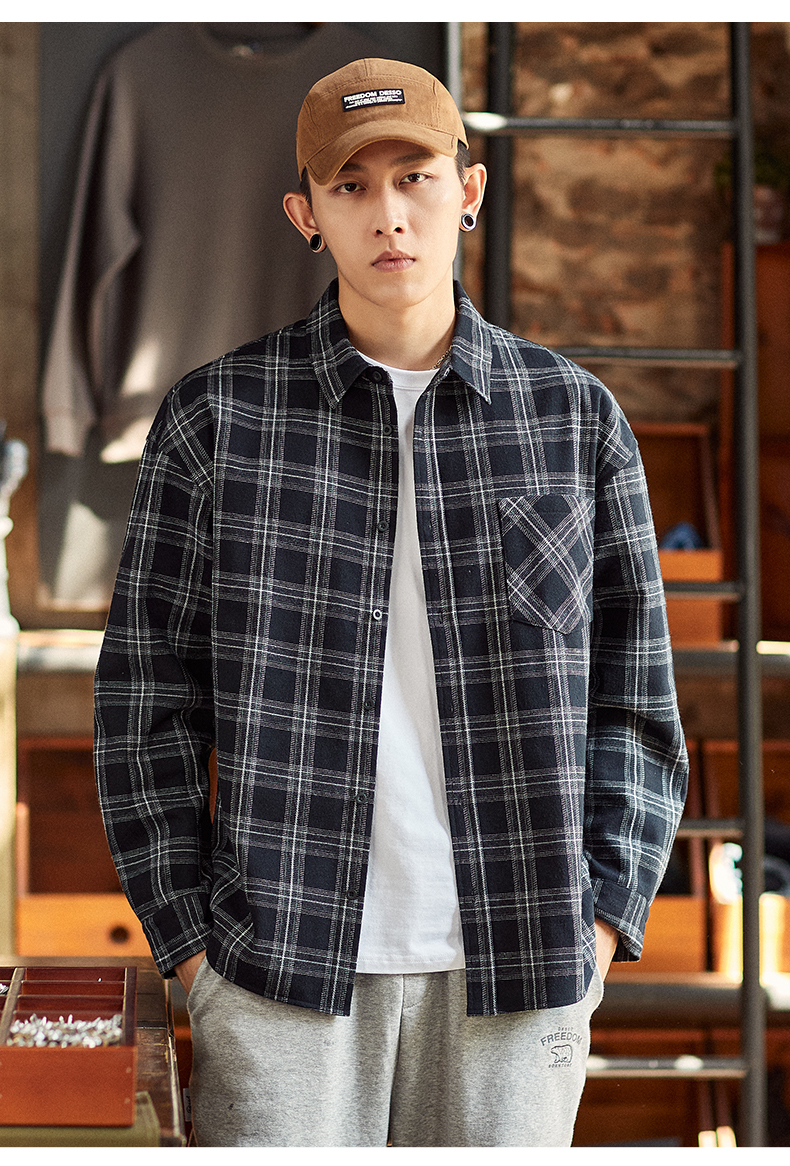 唐狮新款格子衬衫男长袖港风日系复古格纹衬衣黑白格子衫外套 藏青
