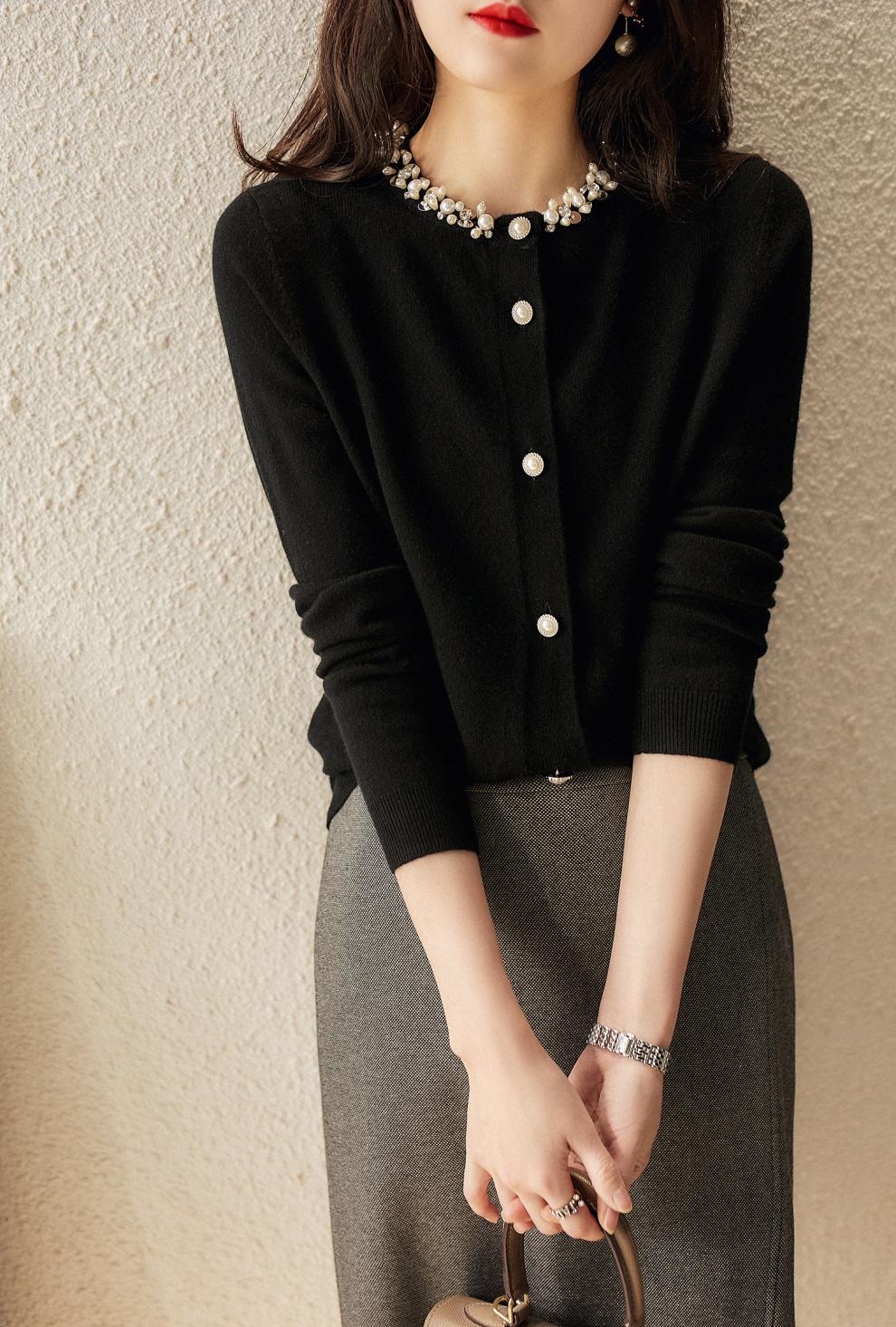 女装上衣订珠装饰针织上衣女设计感遮肉小外套时髦优雅开衫女黑色m