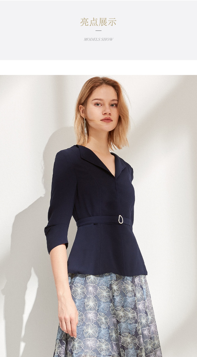 ellassay歌力思2021春夏新款修身显瘦翻领七分收褶造型袖衬衫 藏蓝色