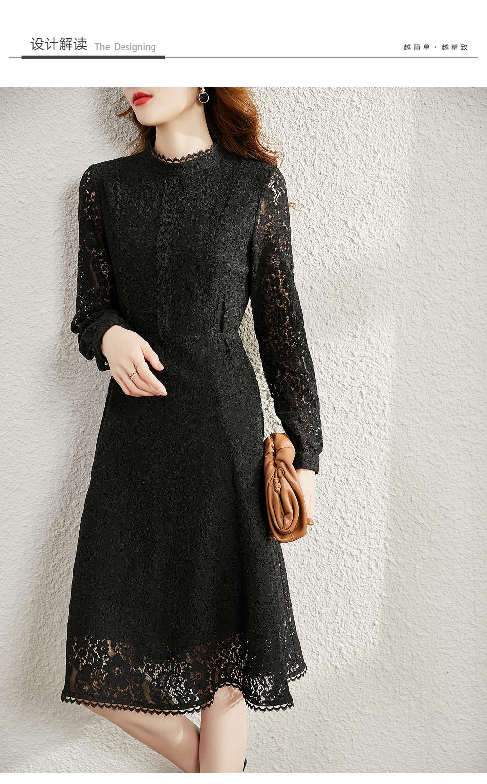 梵希蔓黑色花边蕾丝镂空连衣裙女2021秋季新款轻熟气质显瘦伞裙子 v