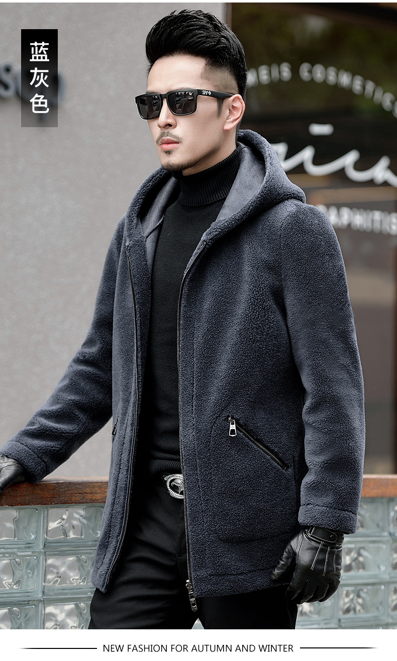 恒源祥彩羊皮毛一体大衣男羊剪绒双面穿男士海宁冬季中长款连帽皮衣