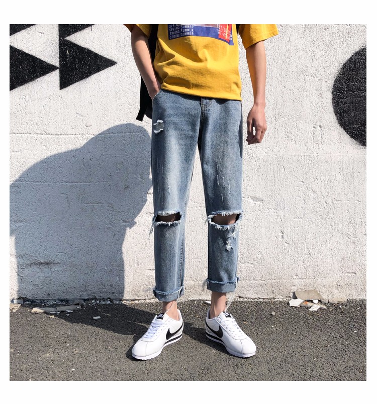 破洞牛仔裤男夏季新品宽松九分裤韩版ins潮流男生修身小脚裤bf原宿风