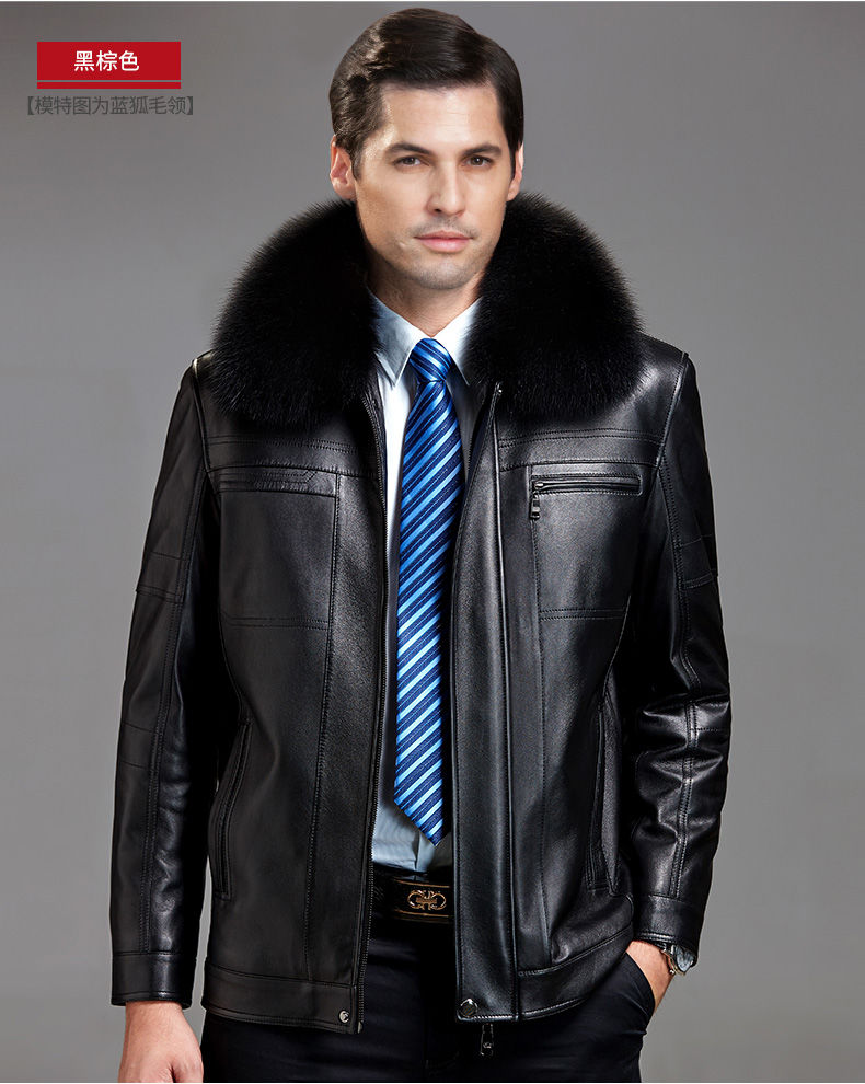 簘蕥新品皮衣皮夹克绵羊蓝狐毛领爸爸外套加绒加厚中老年男士皮衣冬装