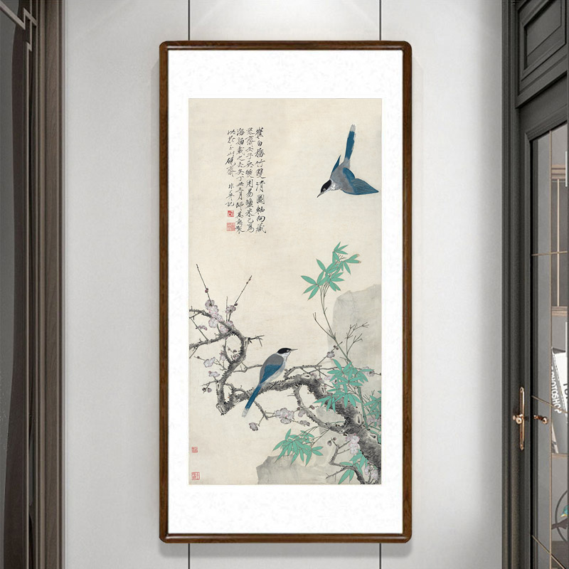 国画花鸟画有框新中式客厅玄关装饰画过道竖版挂画于非暗梅竹双清梅竹