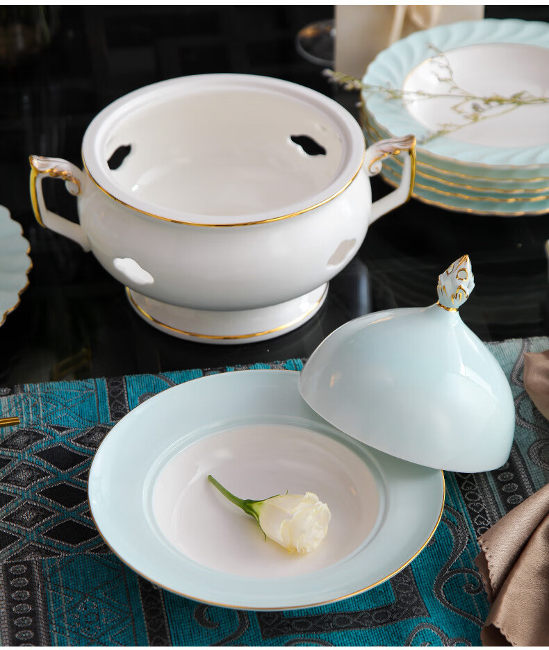 亲启高颜值轻奢骨瓷碗碟盘套装好看精致家用描金陶瓷餐具乔迁送礼海宝