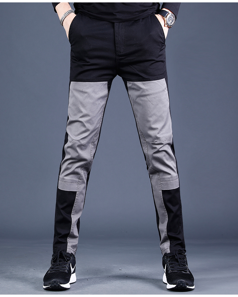 苹果休闲裤男秋冬款2021年新款黑灰色拼接修身小脚时尚百搭休闲裤子男