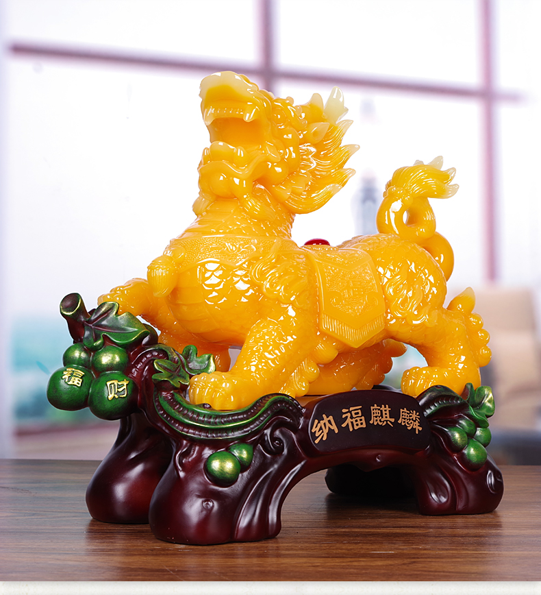 大号麒麟摆件一对家居乔迁电视柜玄关摆设开业店铺装饰品大号黄玉色