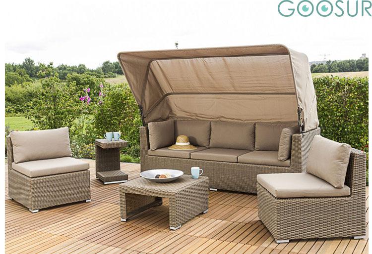 户外新款藤编躺床藤椅室外庭院露天阳台藤艺沙发组合带蓬休闲躺椅如图