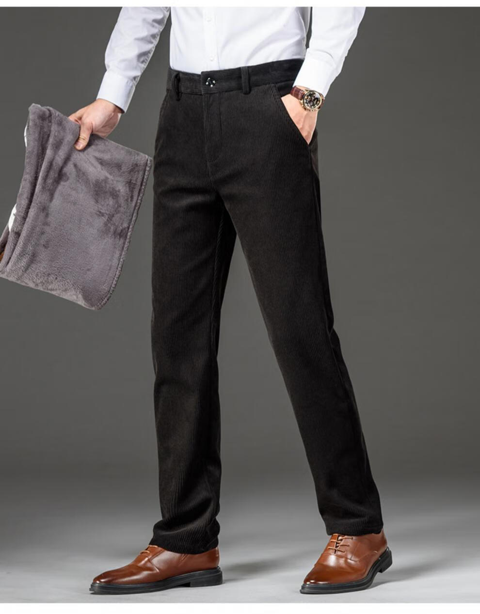 男装啄木鸟加绒加厚灯芯绒男裤中年大码休闲裤宽松商务休闲条绒裤冬厚