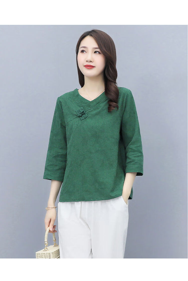 棉麻恤女短袖夏季宽松百搭领半袖体恤衫复古盘扣文艺范亚麻上衣绿色l
