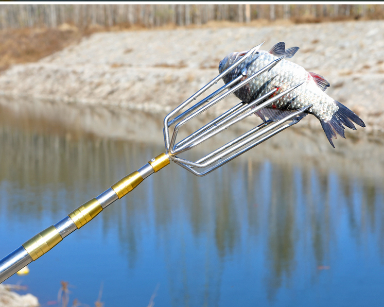 渔叉大倒刺不锈钢头加厚伸缩杆插鱼老式纯手工套装子圆叉11齿加粗5米