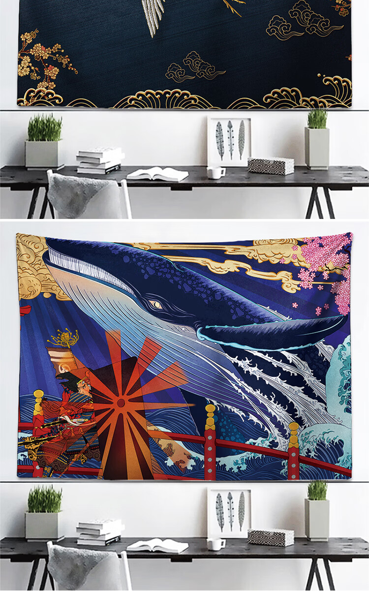 新款国潮仙鹤浮世绘挂毯挂布客厅工作室墙壁装饰壁画直播背景布艺黑色