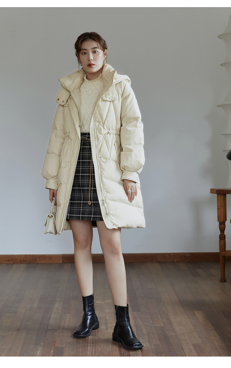 收腰连帽羽绒服女中长款冬季2021年新款胖mm保暖外套21ds4005米色m