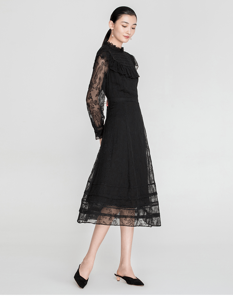 vgrass维格娜丝2020年秋季新款优雅维多利亚连衣裙女vslql30430黑色5m