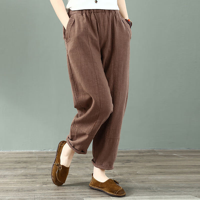 昭琪星亚麻女裤子夏九分宽松薄款棉麻松紧腰阔腿裤复古文艺百搭休闲裤