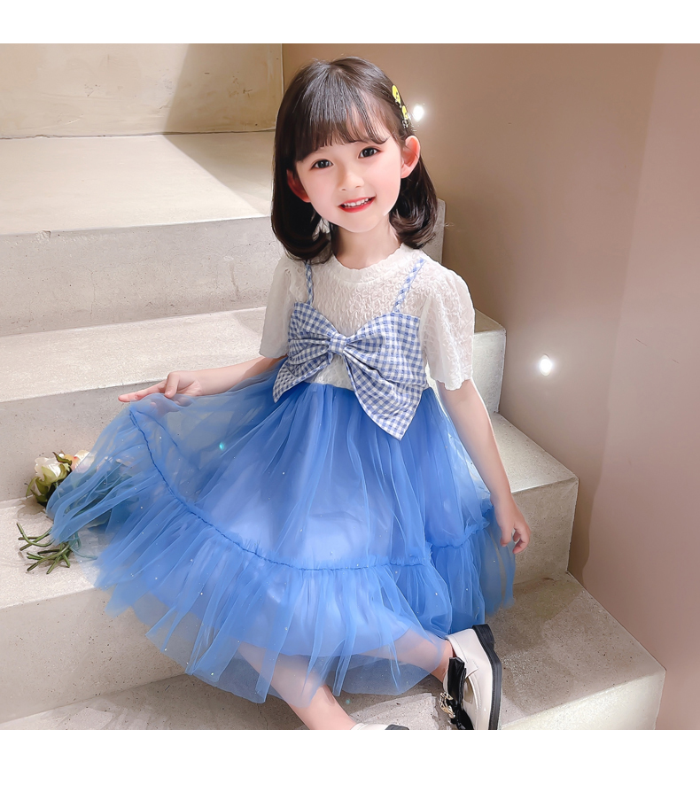 新款女宝宝夏季小清新公主裙子儿童蝴蝶结纱裙蓝色格子蝴蝶结纱裙90cm