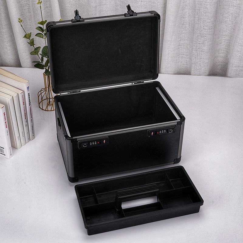 双锁密码收纳箱双层收藏放贵重物品文件证件带锁保险盒多层中号黑色