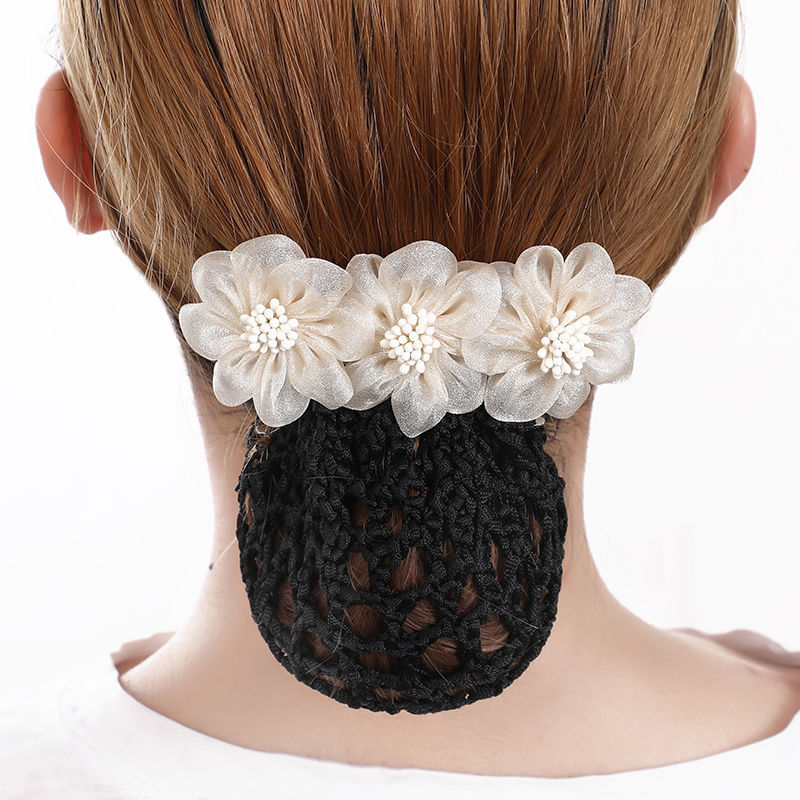 曲美思职业头花朵网兜发网套护士韩国银行酒店服务员空姐发夹绢纱盘发