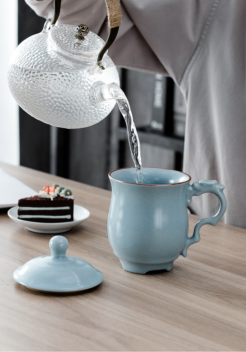 汝窑龙头杯会议龙头杯汝窑办公杯陶瓷茶杯冰裂釉带盖个人杯开片可养