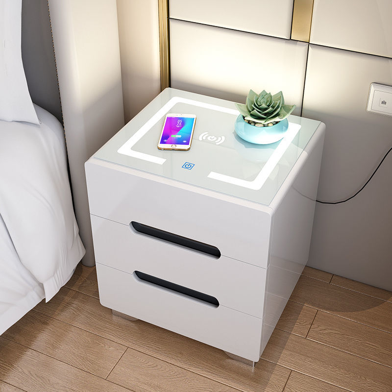 聚心祁智能床头柜简约现代储物柜钢化卧室多功能床边小柜白色烤漆简易