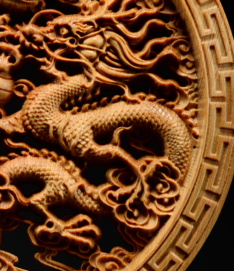唐砖太行崖柏木雕龙凤呈祥圆盘家居摆件饰品双面镂空实木雕刻工艺礼品