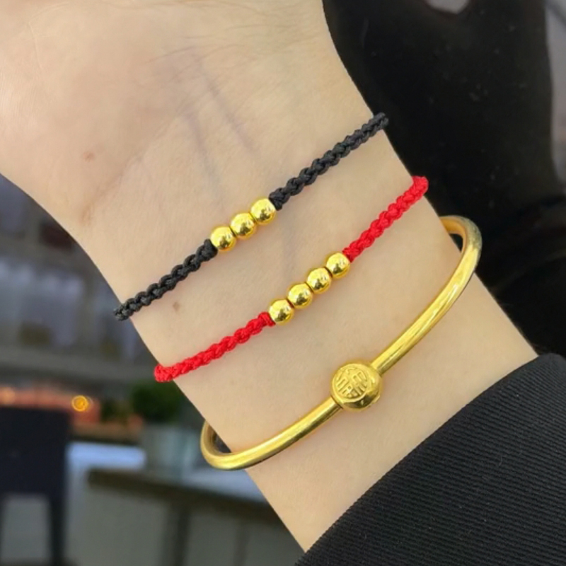 黄金女编织手绳999足金小金珠时尚2021年新款 4金珠手链(默认发黑绳