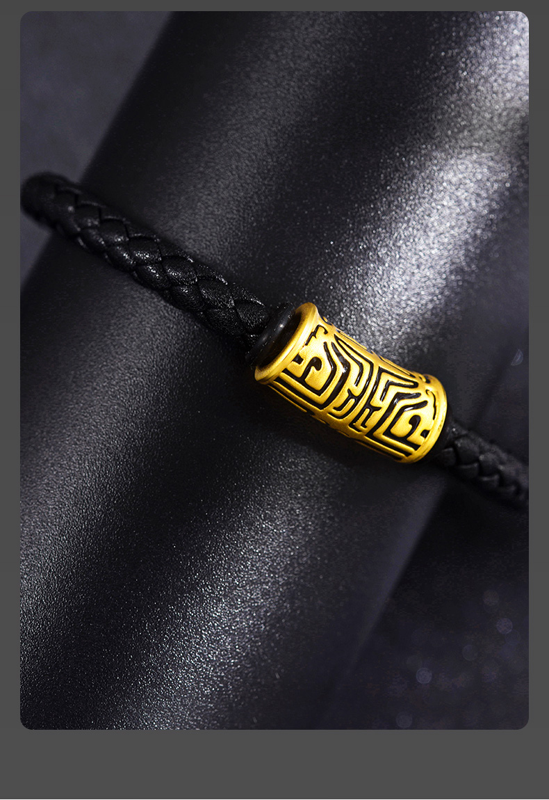 勋月珠宝999足金饕餮黄金手链男黄金图腾路路通手饰刺青皮绳本命年手