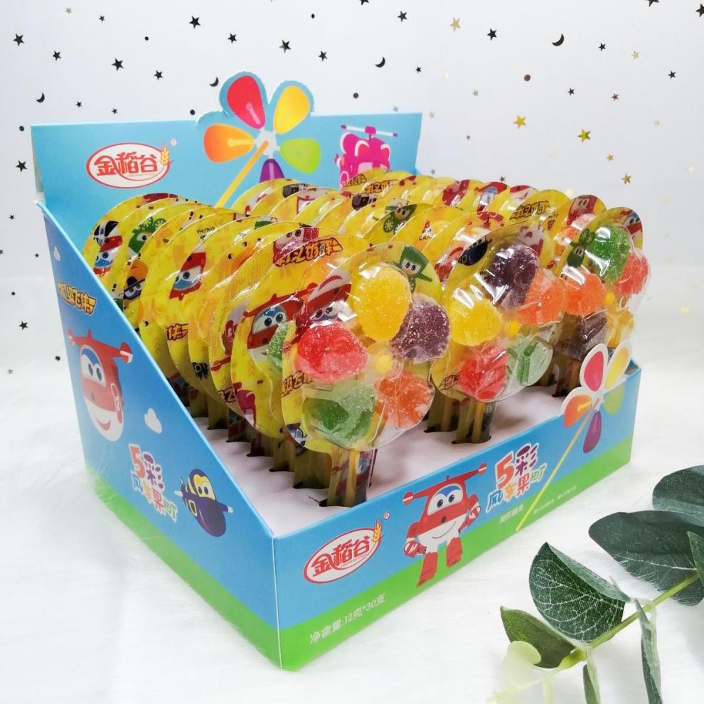 金稻谷风车糖5彩风车果町软糖造型棒棒糖凝胶糖果水果味整合批发六盒