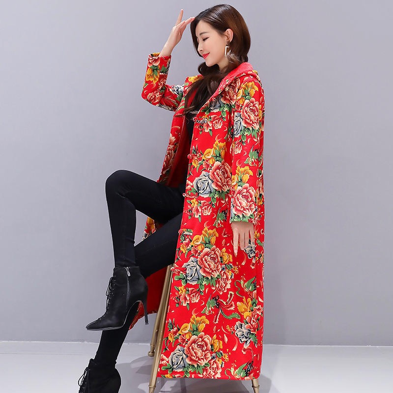 东北大花袄女冬季加绒超厚大花布衣服民族风中长款连帽棉服风衣外套