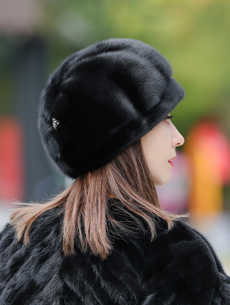 幕加格貂帽女冬季新款保暖水貂毛整貂贝雷帽冬天中老年妈妈皮草帽子