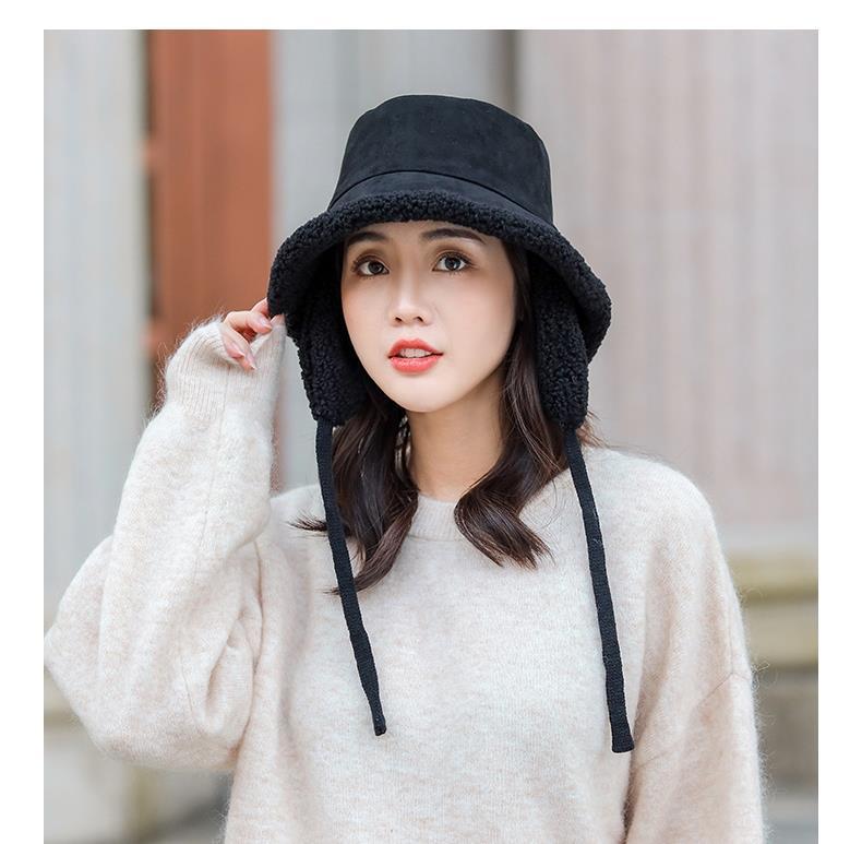 媗墨新品女士帽子冬款骑车帽子女秋冬季韩版渔夫帽百搭双面日系仿羊羔