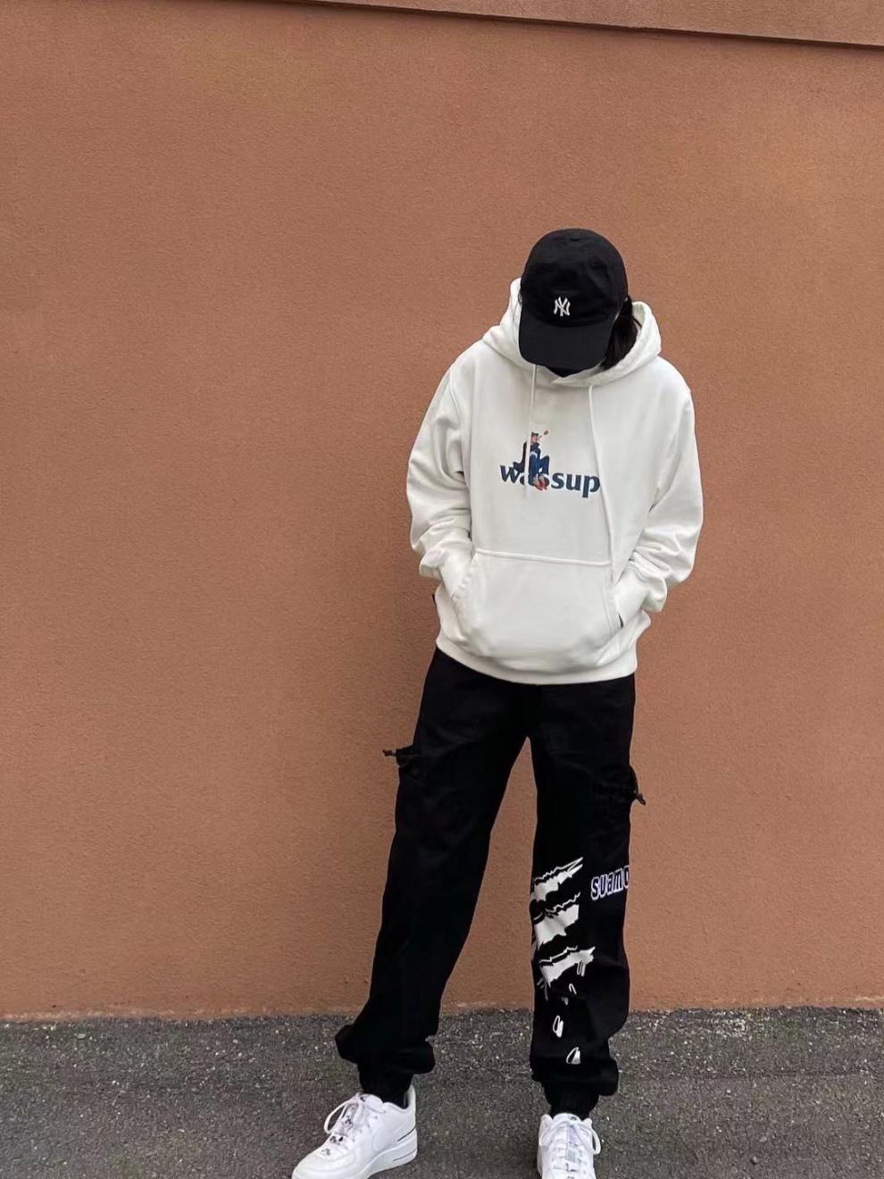 宽松潮流情侣装秋季日系简约休闲帽衫外套女wassup卫衣藏青色s80110斤